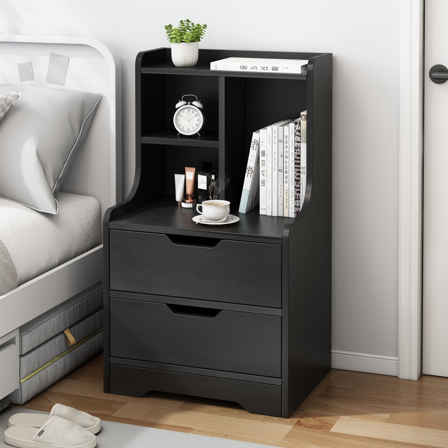 Elegant Tall 2-Drawer Bedside Table with Drawers and Shelves Black