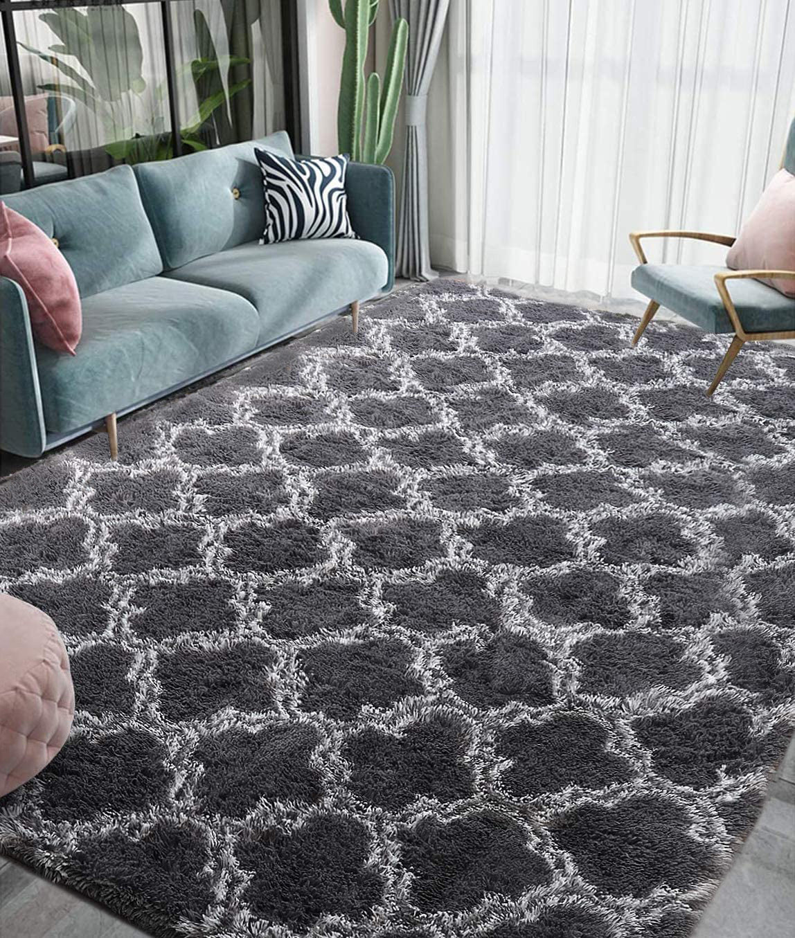 200 x 140 Soft Shag Rug for Bedroom Living Room Black Lattice