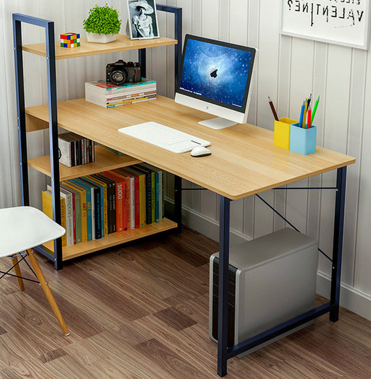 Large Workstation Wood Steel Computer Desk with Storage Shelves Natural Oak