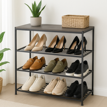 4-Tier Wood Metal Shoe Rack Entryway Storage Shelf Organiser Stand