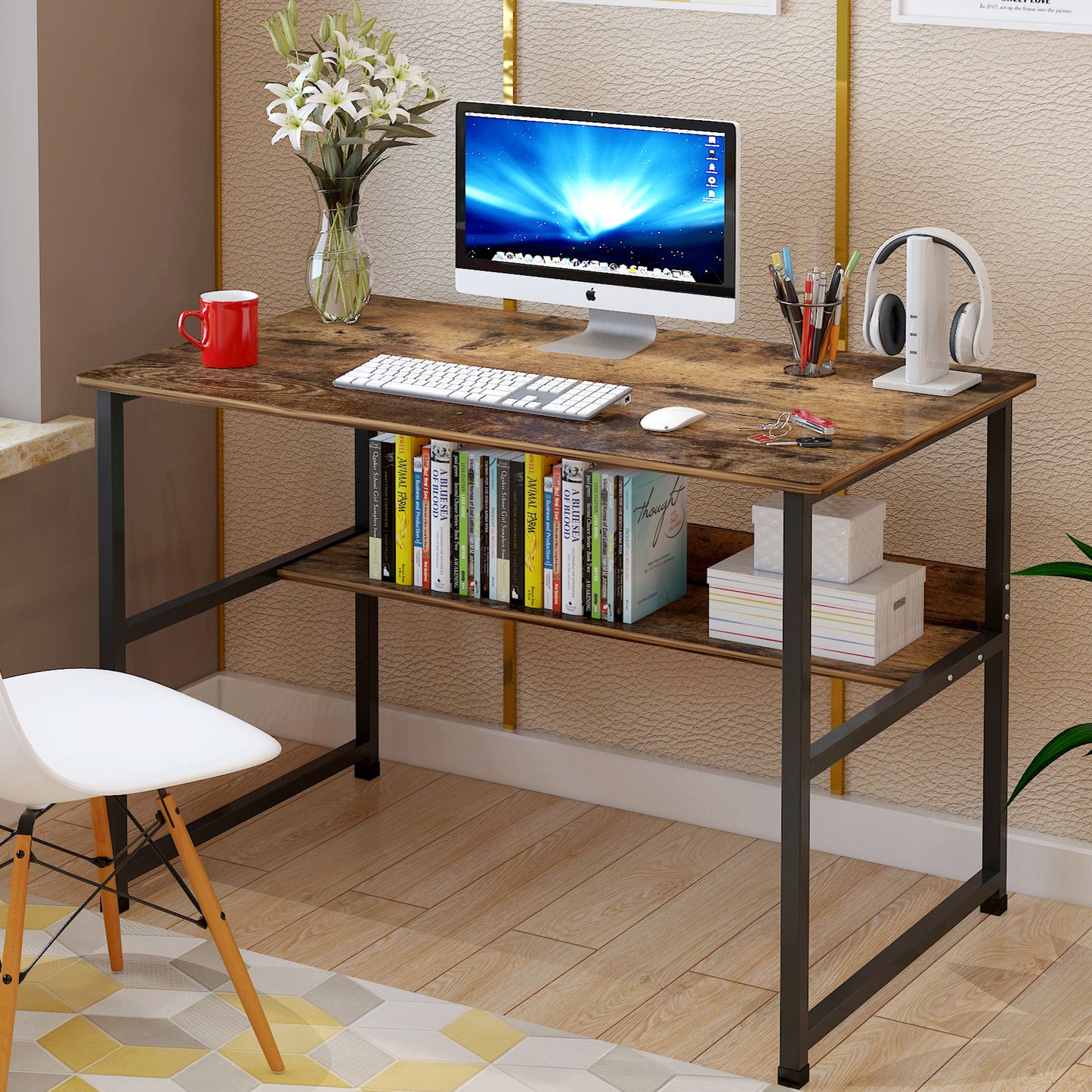 Rustic Wood and Metal Computer Desk with Storage Shelf