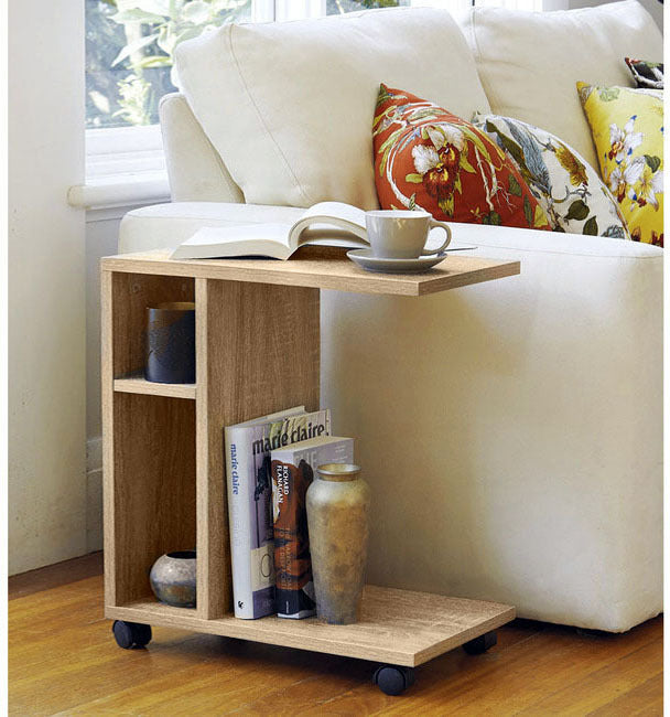 Stylish Compact Rolling Side Table with Storage and Casters Natural Oak