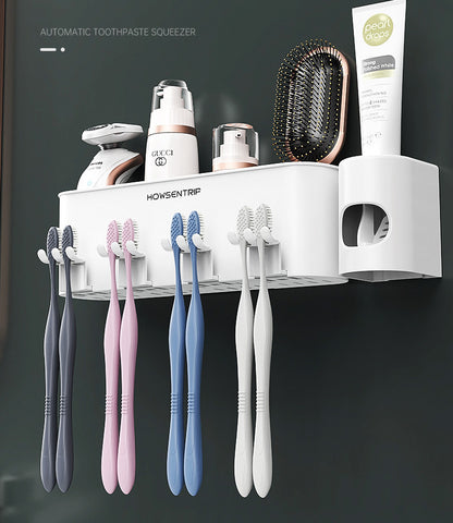 4-Cup Toothbrush Holder Rack with Automatic Toothpaste Dispenser Bathroom Set