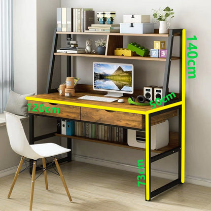 Spacious Office Computer Desk Workstation with Shelves and Drawers Rustic Wood