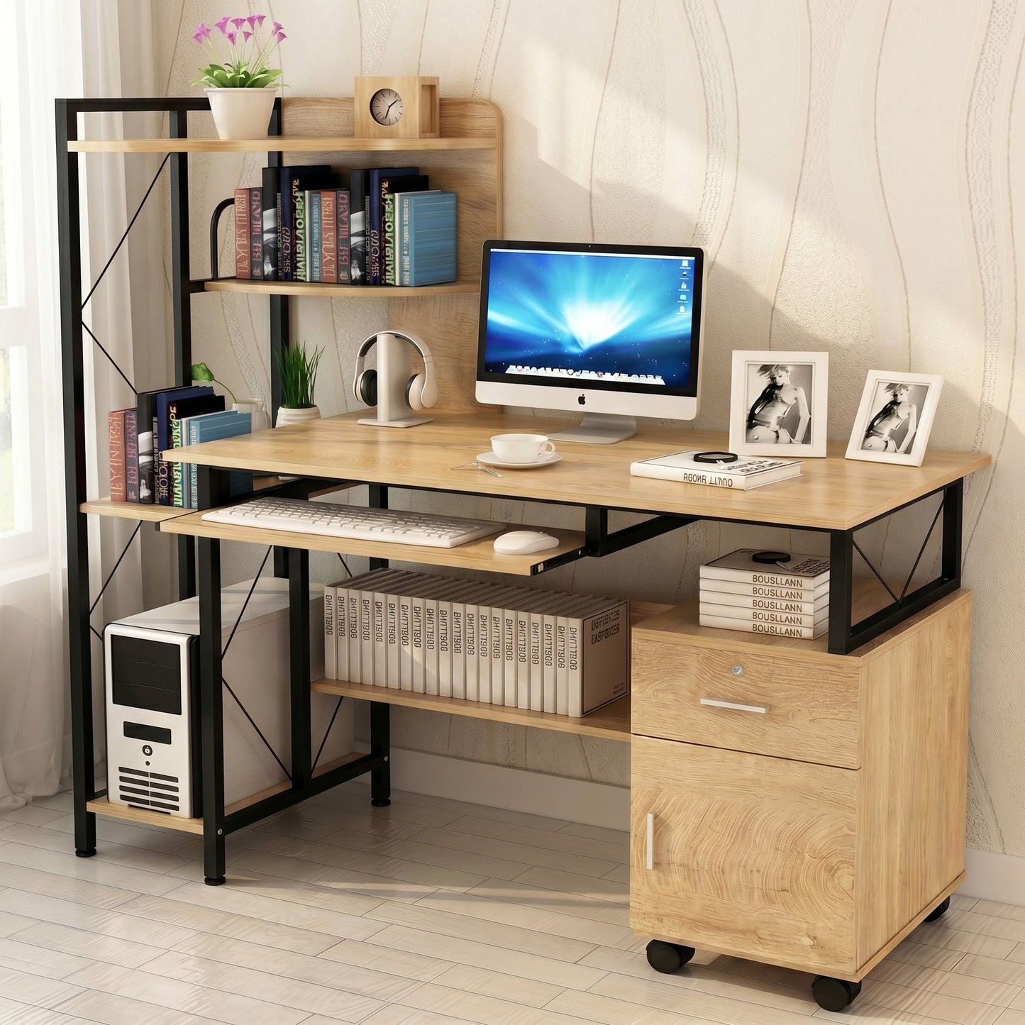 Multi-function Computer Desk Workstation with Shelves and Cabinet Rustic Oak