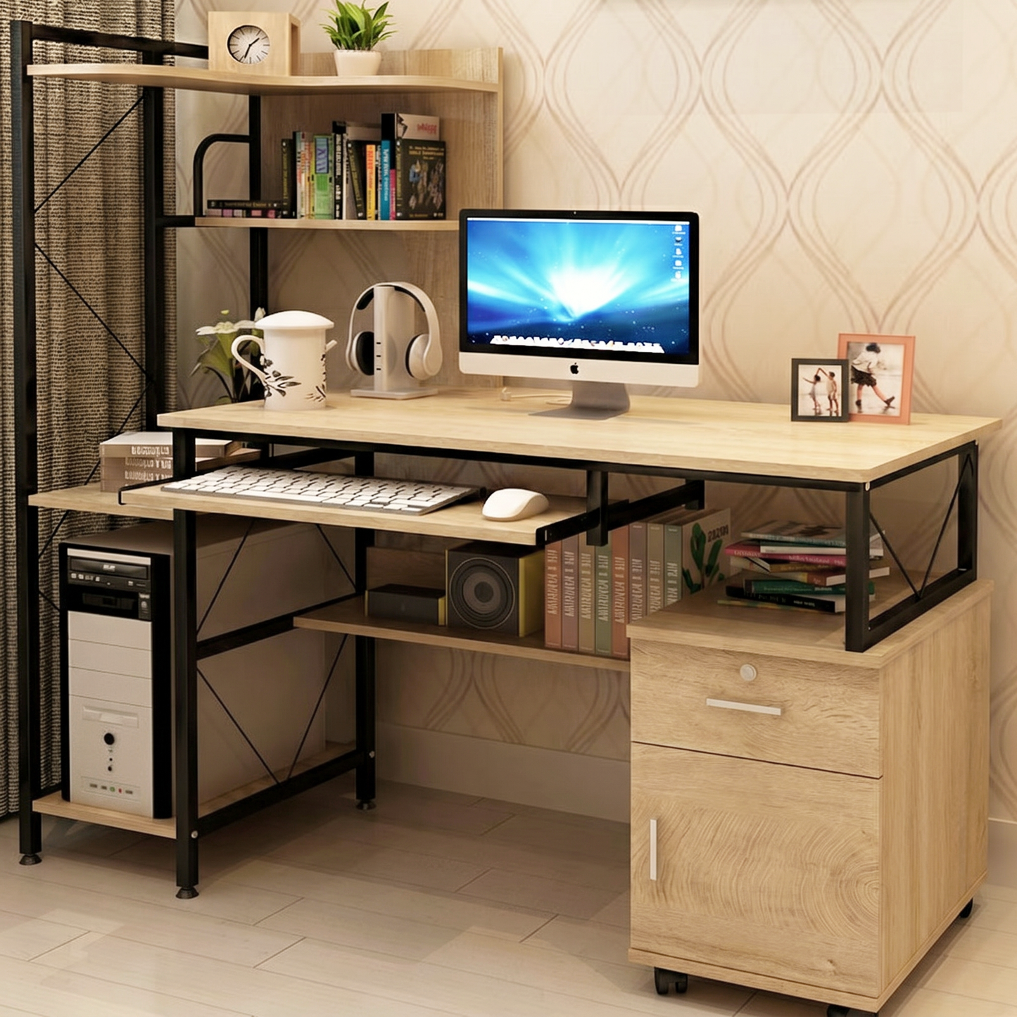 Multi-function Computer Desk Workstation with Shelves and Cabinet Rustic Oak