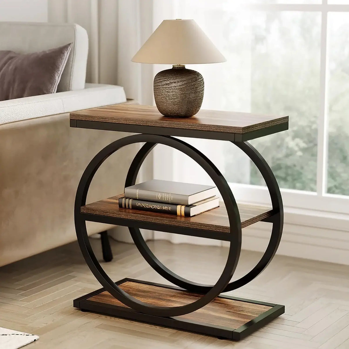 3-Tier Industrial Rustic Side End Table with Circular Steel Frame