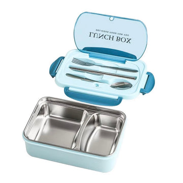 Stainless Steel Leakproof Lunch Bento Box with Cutlery Blue Design