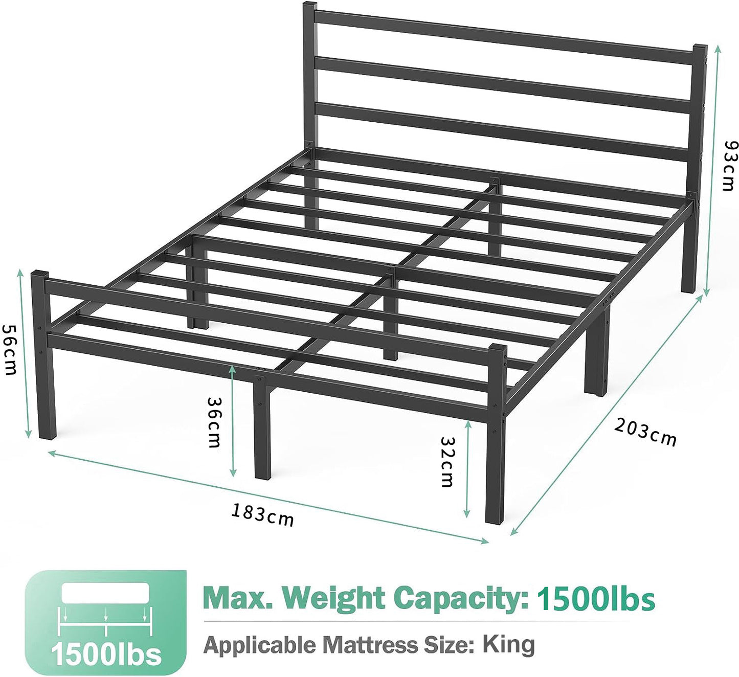 King Size Metal Platform Bed Frame Heavy Duty Steel Black