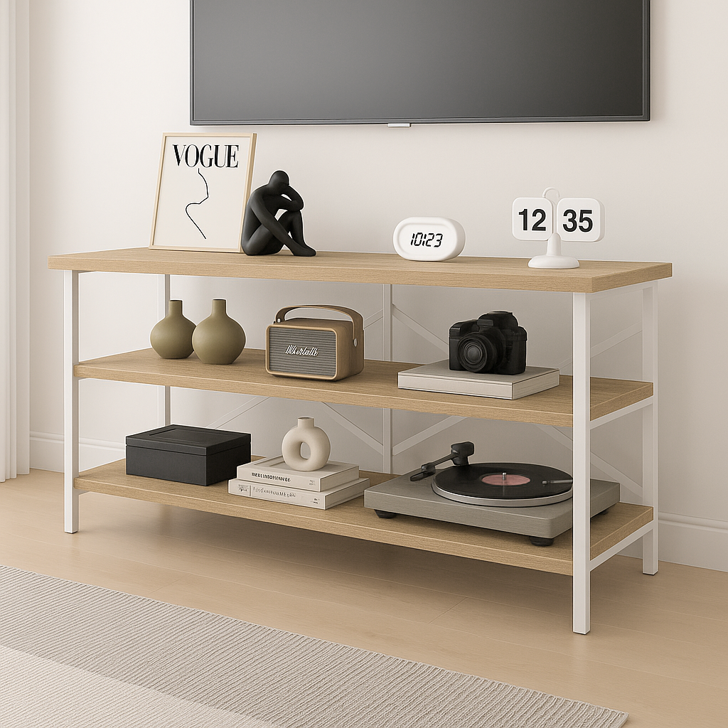 Industrial Console Table TV Stand Bookcase Storage Shelf Unit (Oak & White)