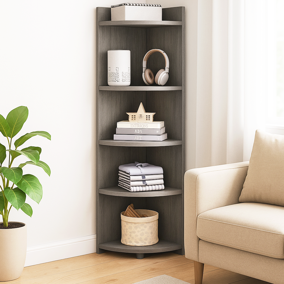Stylish 5-Tier Rustic Grey Wooden Corner Shelf Unit