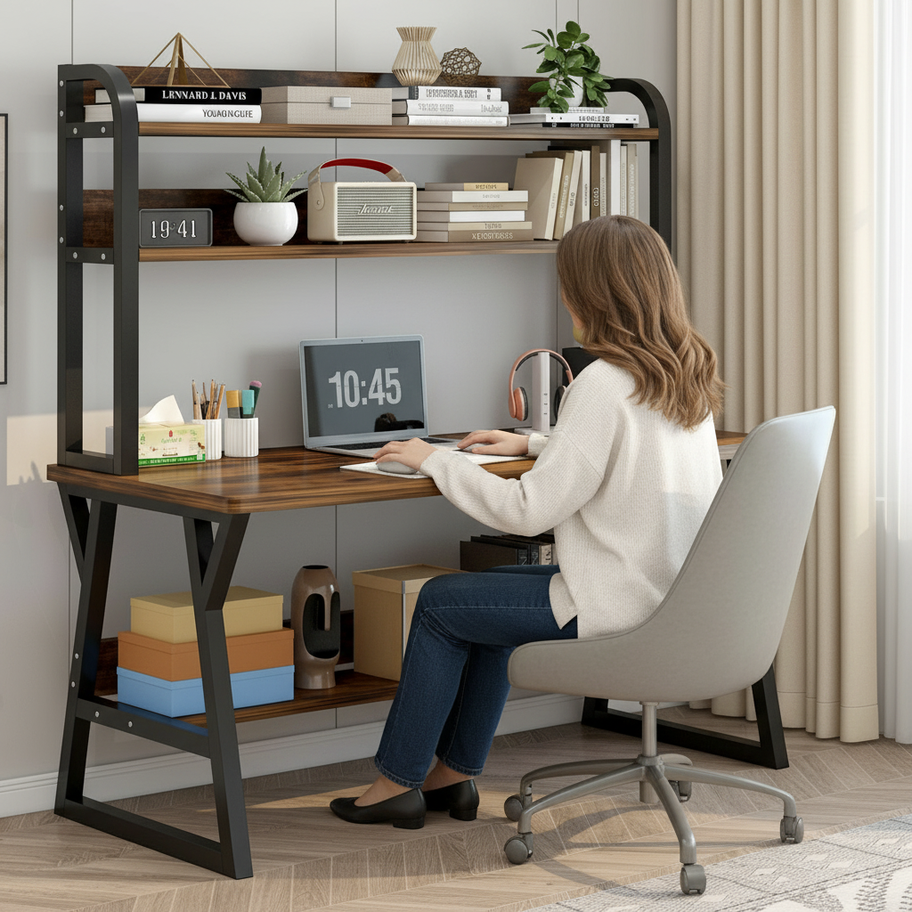 Large Industrial Office Desk Computer Table with Bookshelf Rustic Wood