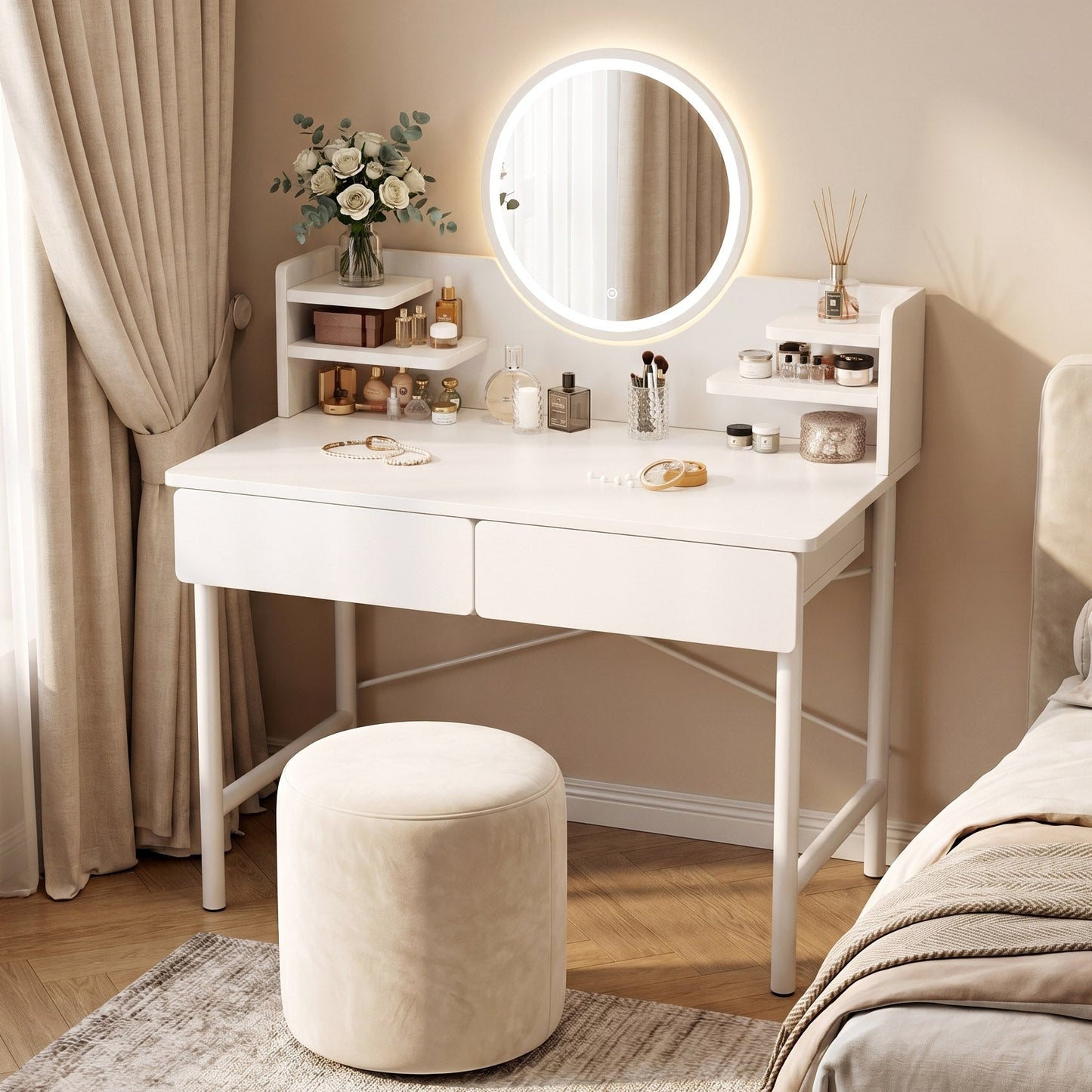 LED Mirror White Makeup Vanity Dressing Table Drawers & Storage Shelves