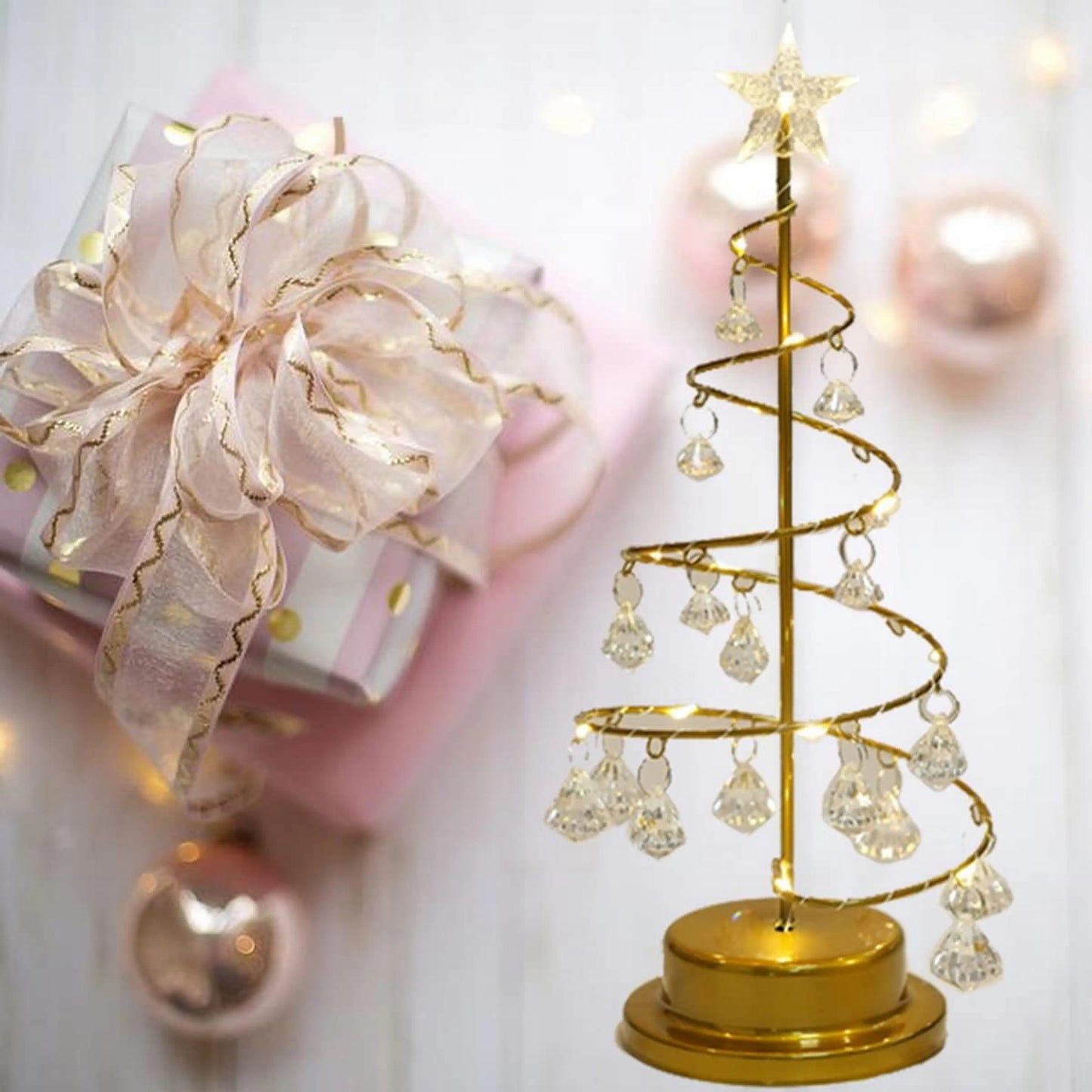 Gold Spiral LED Crystal Christmas Tree Lamp Festive Decorative Light