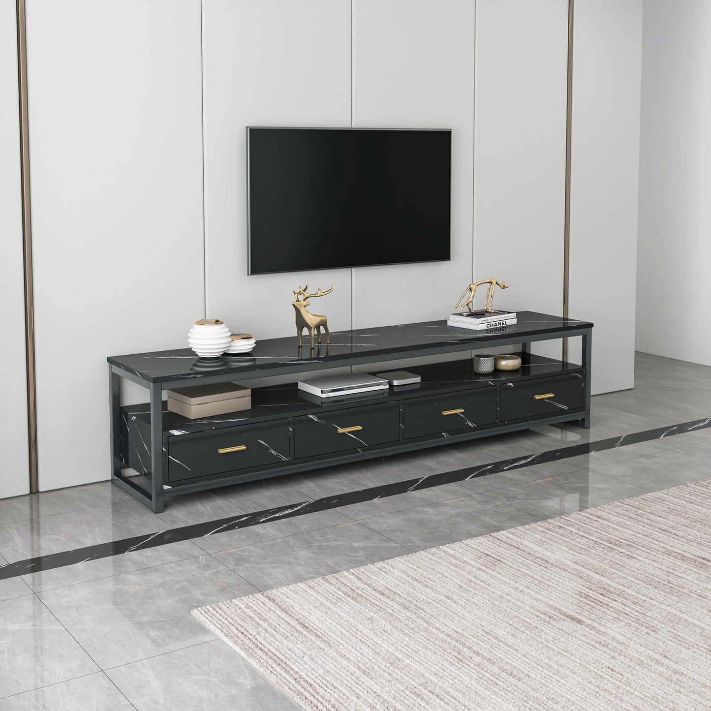 Luxor Designer Marble Look TV Cabinet Entertainment Unit Black