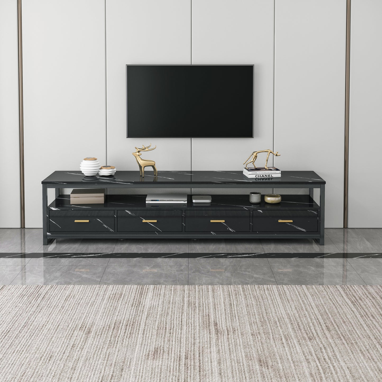 Luxor Designer Marble Look TV Cabinet Entertainment Unit Black