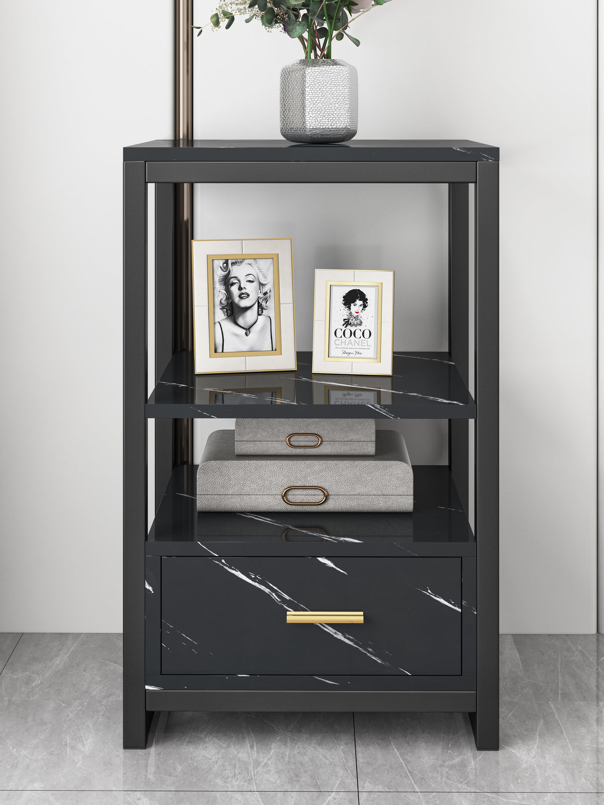 Luxor Designer Marble Look Side Table Nightstand Black