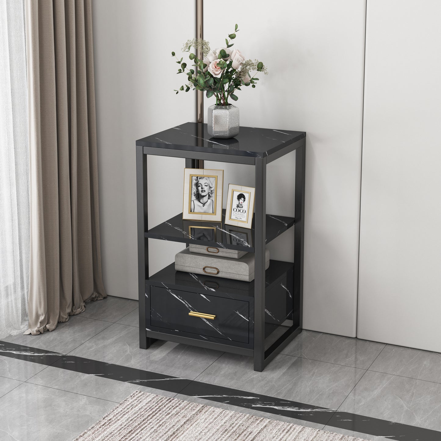 Luxor Designer Marble Look Side Table Nightstand Black