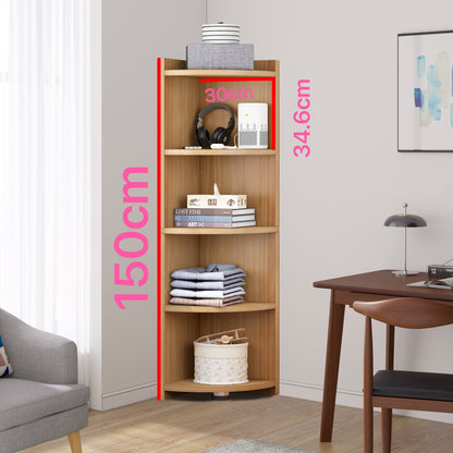 Stylish 5 Tier Wooden Corner Shelf Unit Oak