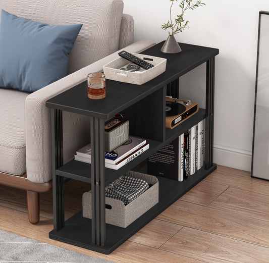 Stylish Wood and Steel Sofa Side Table with Shelves Black