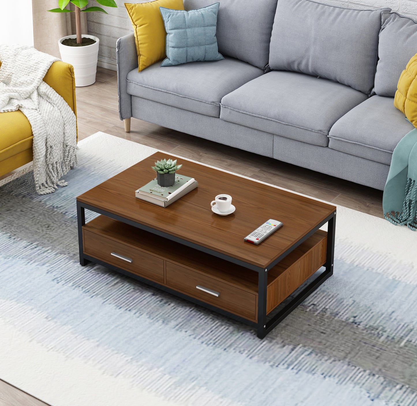 Vivo Modern Coffee Table with Storage Drawers (Walnut)