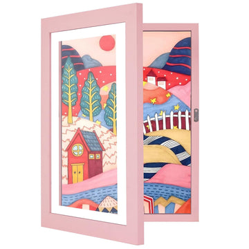 Wooden Kids Art Frame Display and Artwork Storage Holds 150 Drawings (Pink)