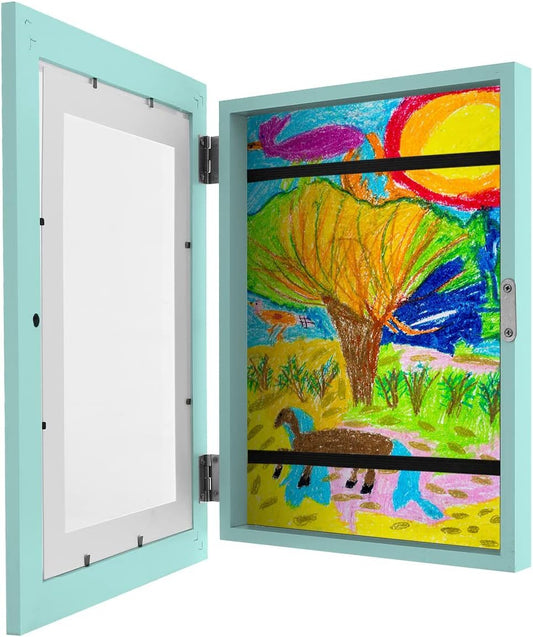 Wooden Kids Art Frame Display and Artwork Storage Holds 150 Drawings (Blue)