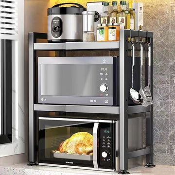 Adjustable Two-Tier Multifunction Steel Microwave Oven Rack Black