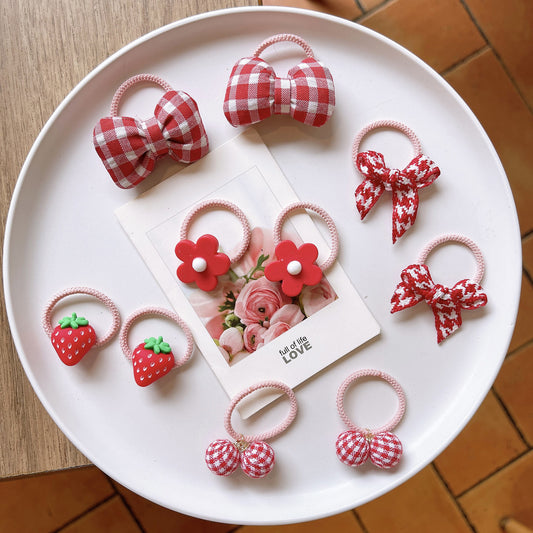 10-Piece Cute Red & White Gingham Hair Ties Accessories Set