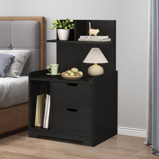 Elegant Tall Bedside Table with Drawers and Shelf Black