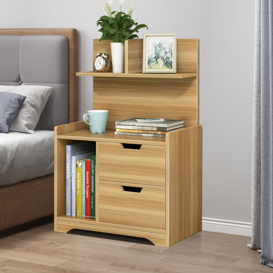 Elegant Oak Bedside Table with Drawers and Shelf