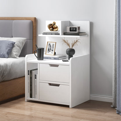 Elegant Tall Bedside Table with Drawers and Shelf White