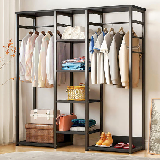 Spacious Wardrobe with Shelves and Clothes Hanging Racks Black