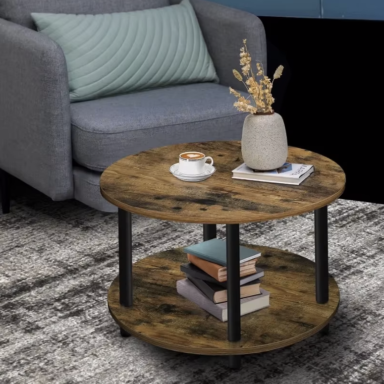 Rustic Wood & Metal Round Coffee Table with Storage Shelf Wood & Metal