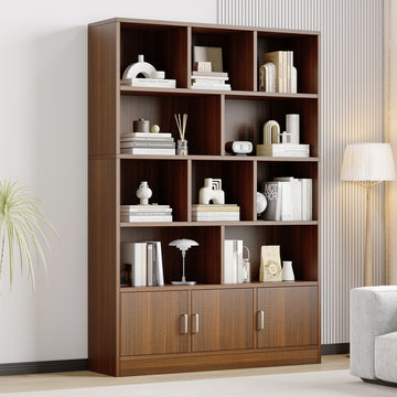 Spacious 10-Shelf 3-Door Wardrobe Cabinet Bookcase Black Walnut