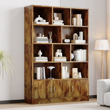 Spacious 10-Shelf 3-Door Wardrobe Cupboard Bookshelf Cabinet Rustic Wood