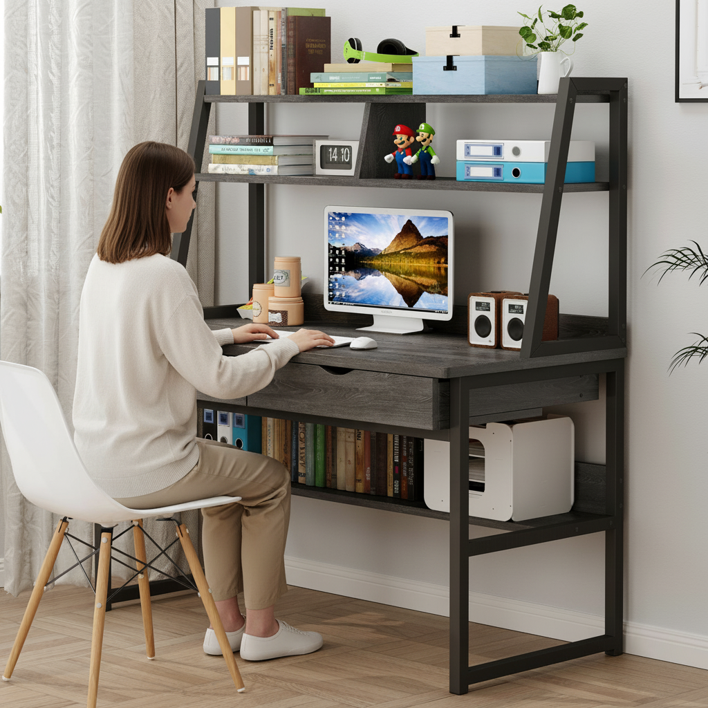 Spacious Office Computer Desk Workstation with Shelves and Drawers Rustic Grey
