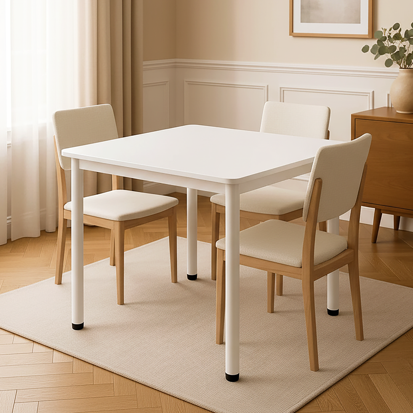 Modern White Kitchen Dining Table 80cm Square Wood Metal