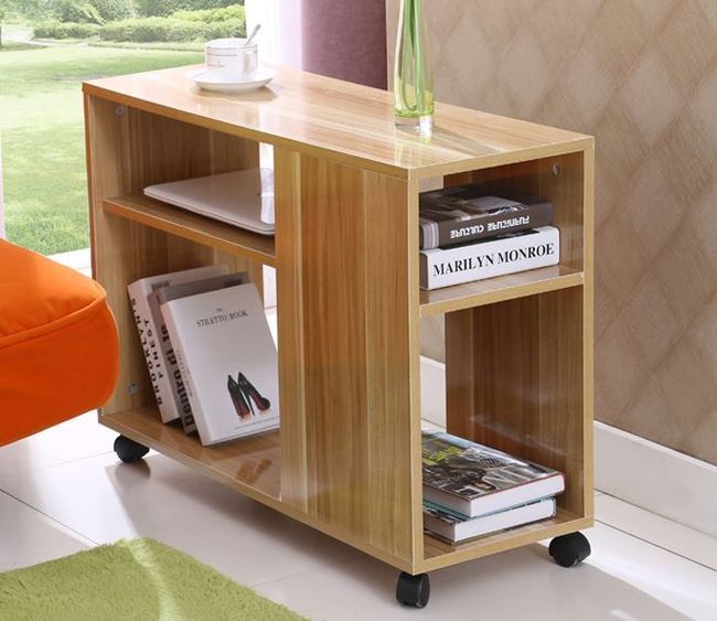 Compact Rolling Sofa Side Table with Magazine Shelf Oak