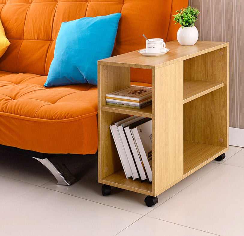 Compact Rolling Sofa Side Table with Magazine Shelf Oak