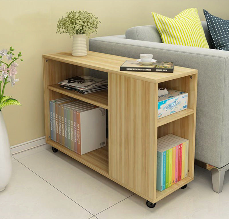 Compact Rolling Sofa Side Table with Magazine Shelf Oak