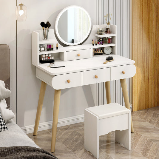 Beauty LED Vanity Dressing Table with Mirror Stool and Storage Drawers Set