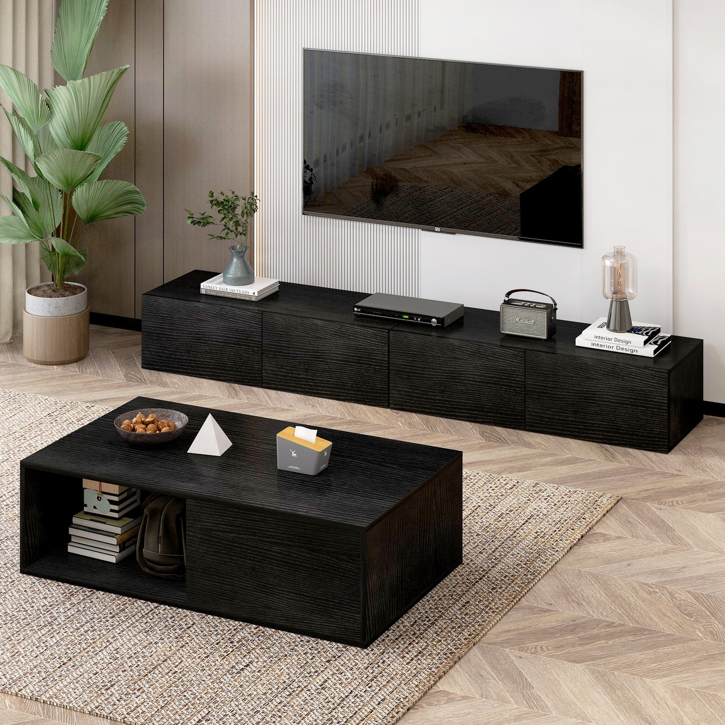 2 Piece Claro Elegant Wooden Coffee Table and 2m TV Cabinet Set Black