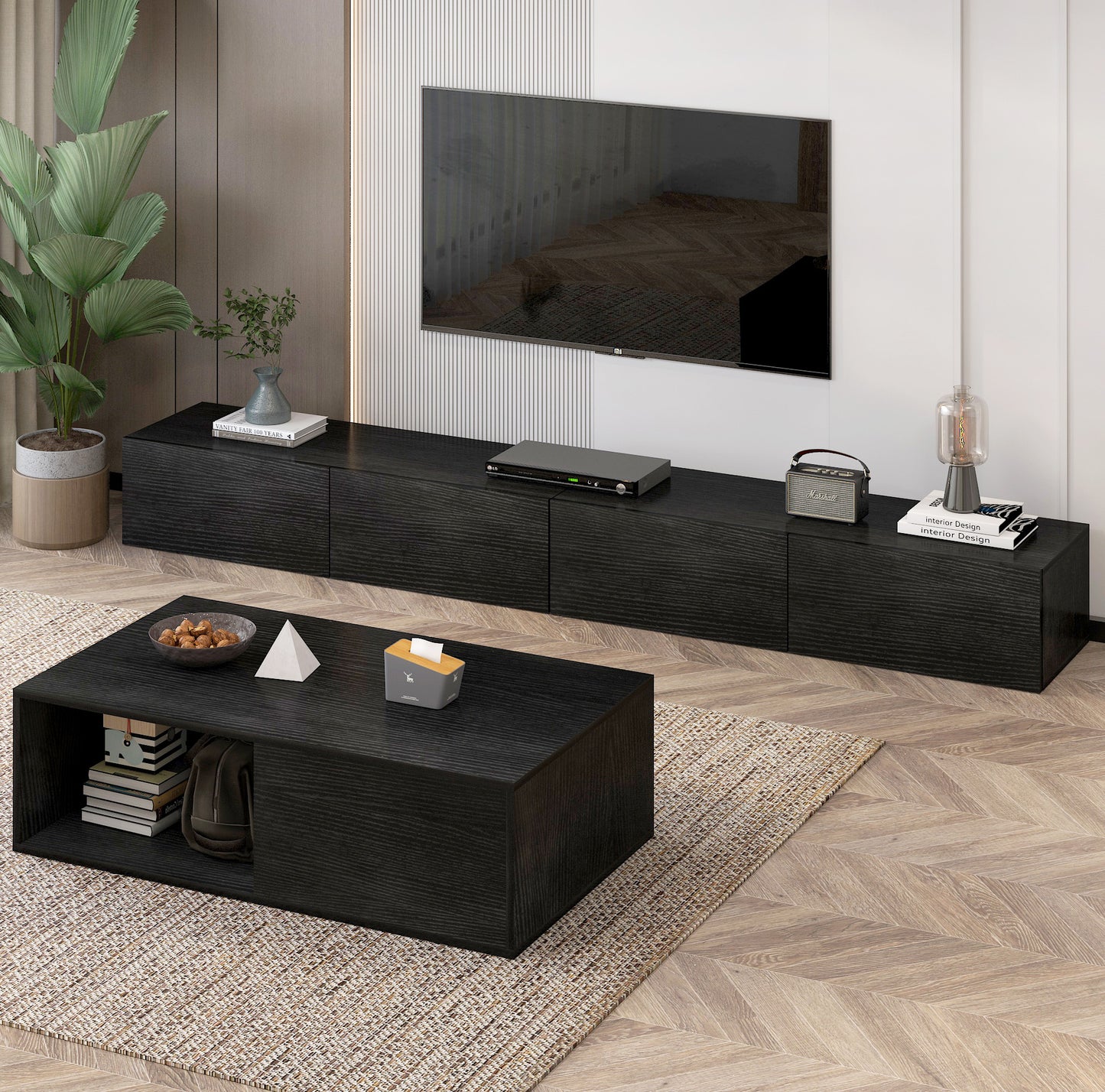 2-Piece Elegant Wooden Coffee Table and TV Cabinet Set - Black