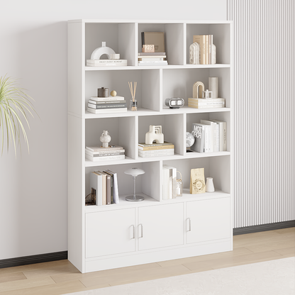 Spacious 10-Shelf 3-Door Wardrobe Cabinet Bookshelf White