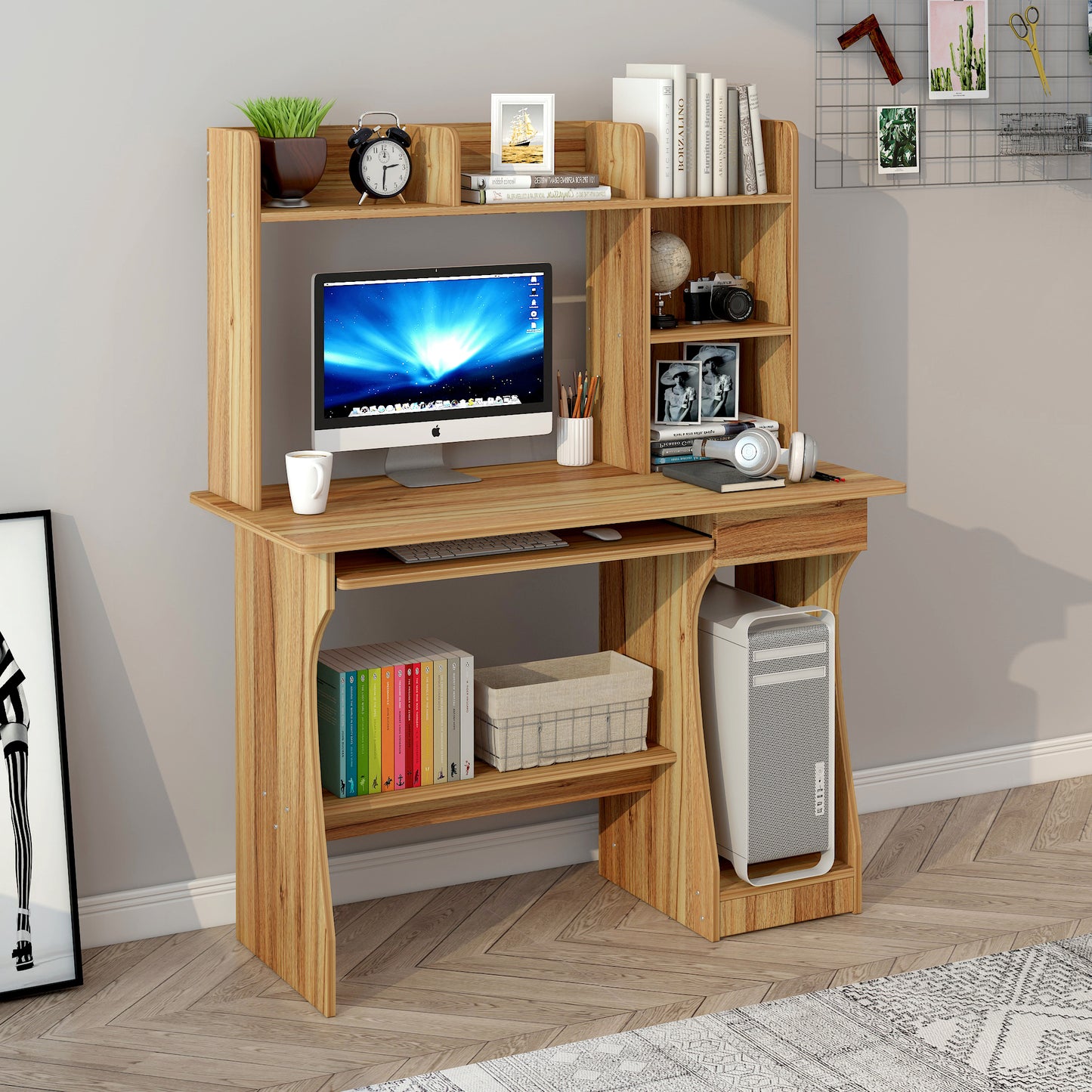 Modern Smart Office Desk with Storage Shelf and Drawer - Oak