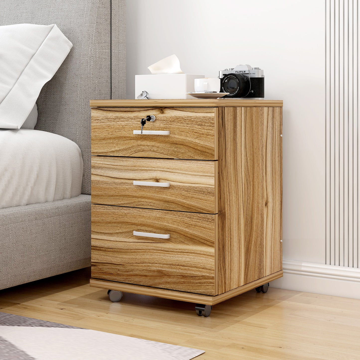 Natural Oak 3 Drawer Bedside Table with Wheels for Bedroom Storage