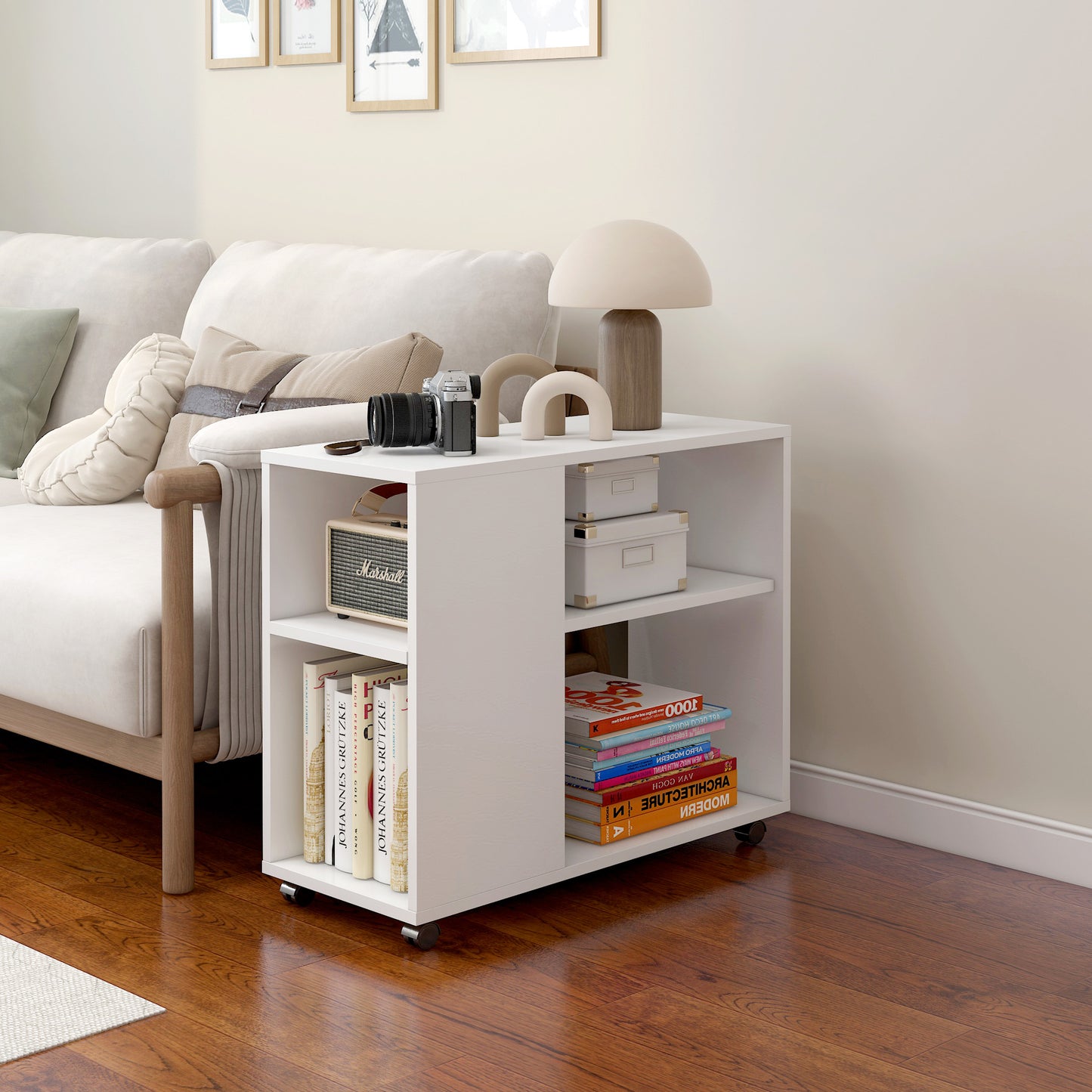 Compact Rolling Sofa Side Table with Magazine Rack White