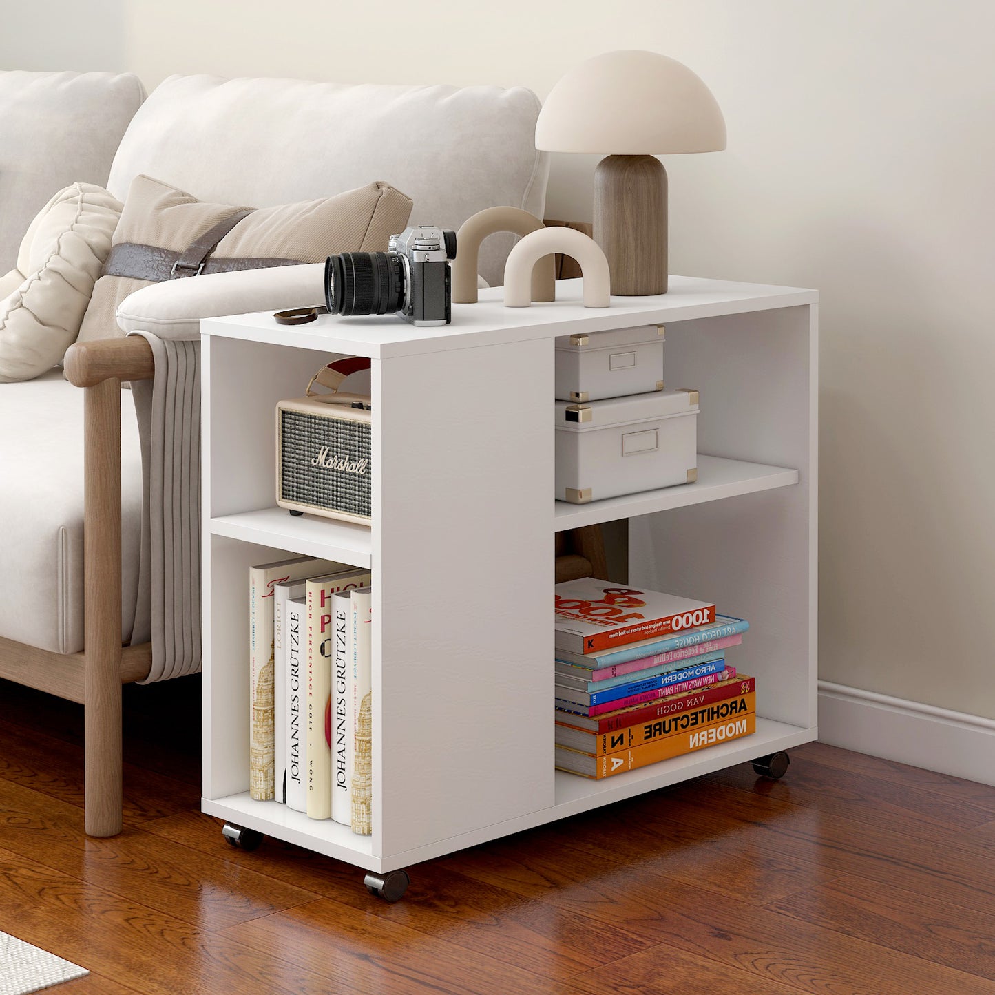 Compact Rolling Sofa Side Table with Magazine Rack White