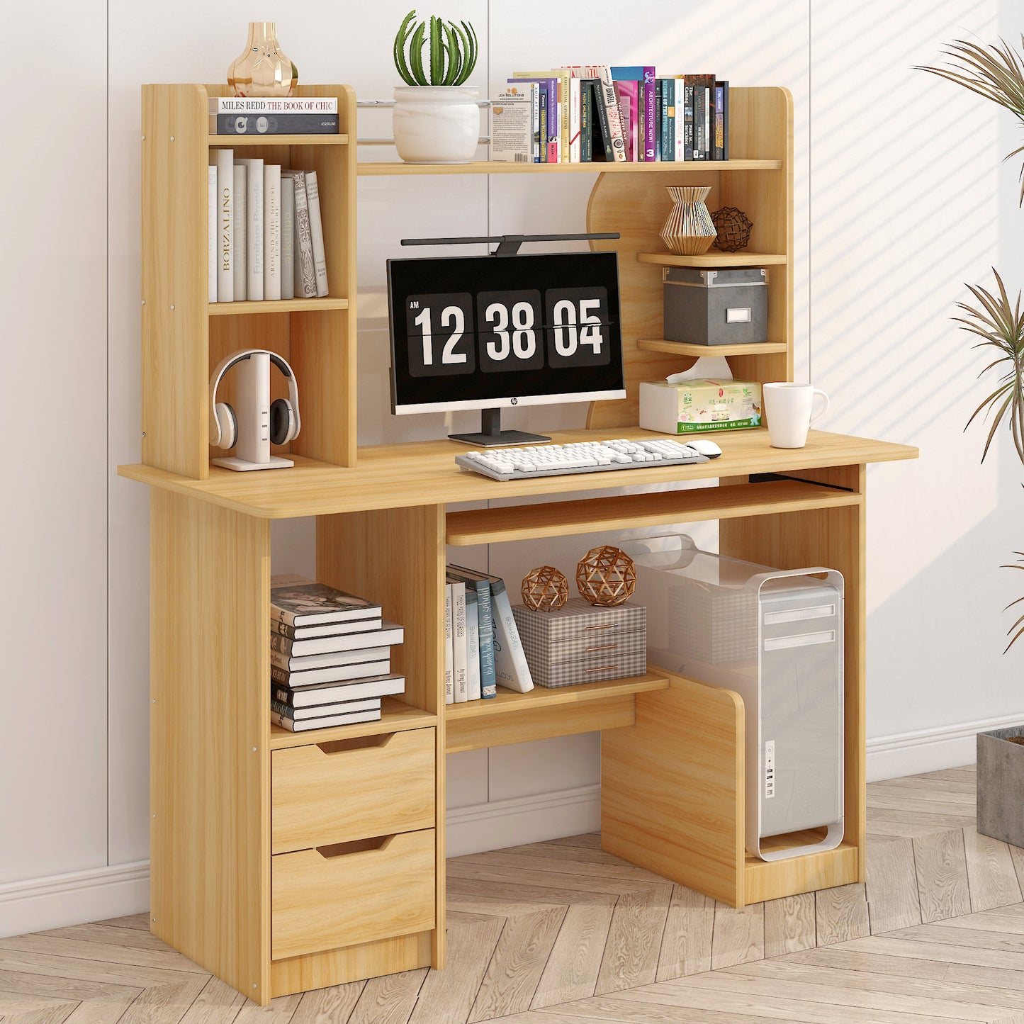 Stylish Computer Desk Home Office Workstation with Shelf and Cabinet Oak